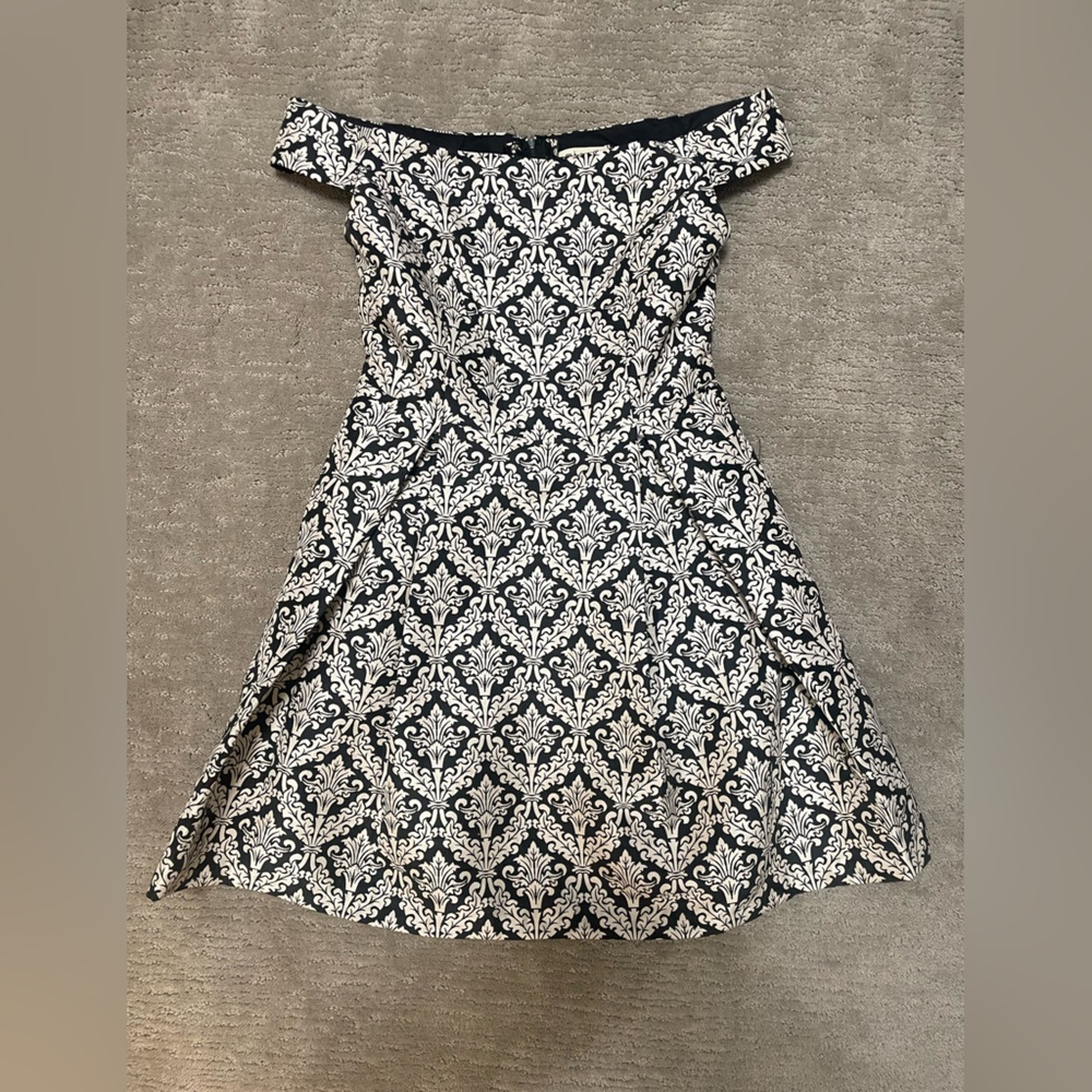 Miami Brand Blue and Cream Off the Shoulder Dress